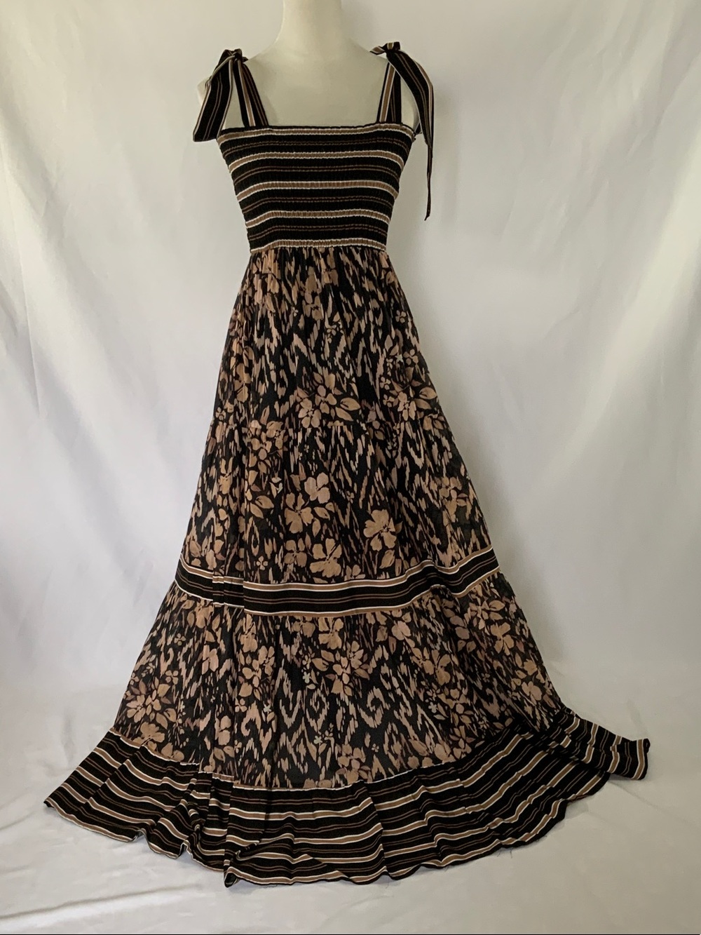 By Together Black & Beige Floral-Stripe Maxi Dress with Tie Straps
